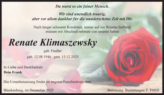 Traueranzeige von Renate Klimaszewsky von Volksstimme Wernigerode