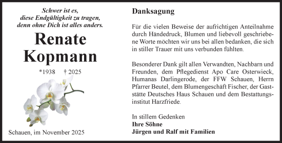Traueranzeige von Renate Kopmann von Volksstimme Halberstadt