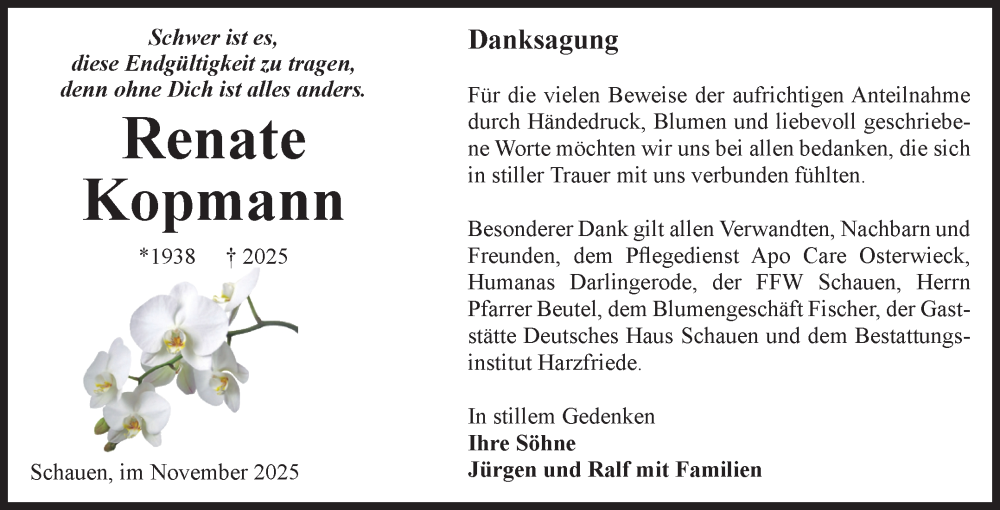  Traueranzeige für Renate Kopmann vom 29.11.2025 aus Volksstimme Halberstadt