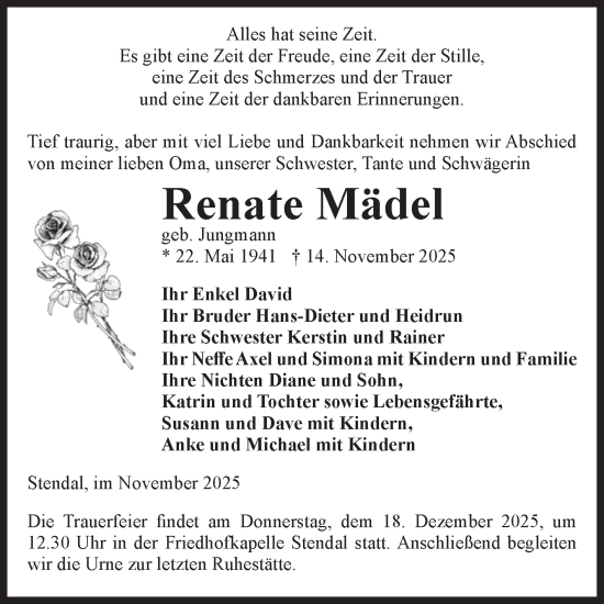 Traueranzeige von Renate Mädel von Super Sonntag Bernburg