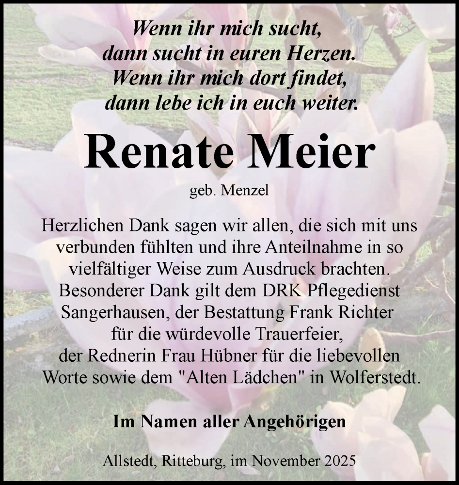  Traueranzeige für Renate Meier vom 03.12.2025 aus Trauerkombi Sangerhausen