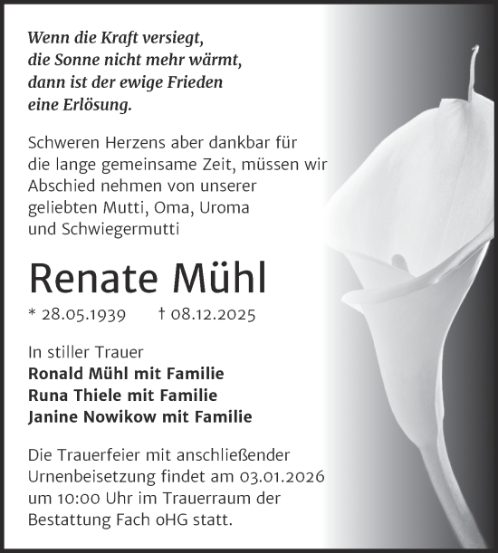 Traueranzeige von Renate Mühl von Trauerkombi Merseburg