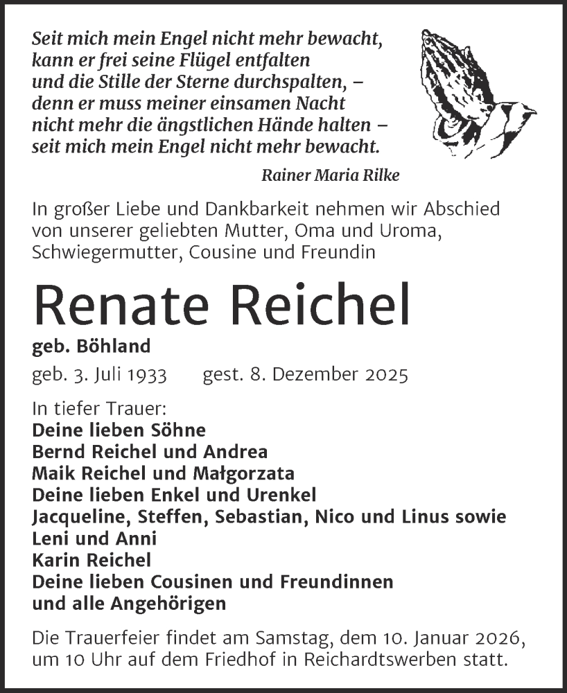  Traueranzeige für Renate Reichel vom 20.12.2025 aus Trauerkombi Weißenfels