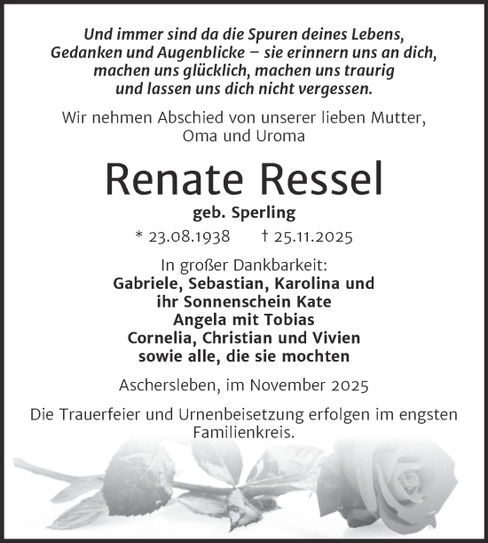 Traueranzeige von Renate Ressel von Trauerkombi Aschersleben