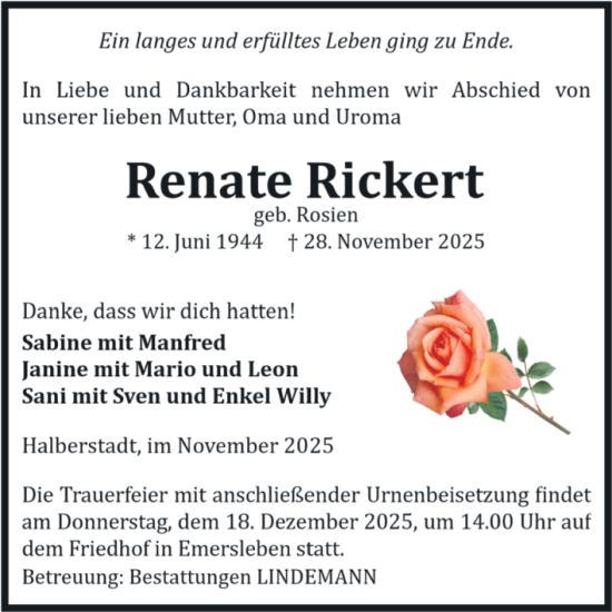 Traueranzeige von Renate Rickert von Volksstimme Halberstadt