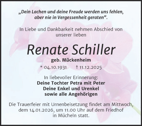 Traueranzeige von Renate Schiller von Trauerkombi Merseburg