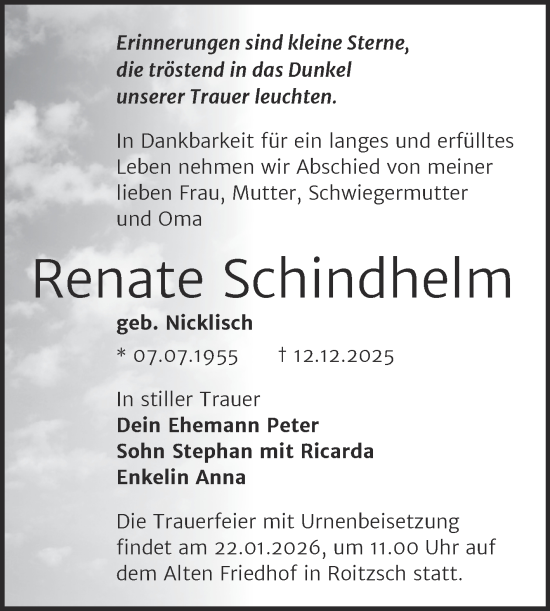 Traueranzeige von Renate Schindhelm von Trauerkombi Bitterfeld