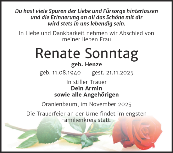 Traueranzeige von Renate Sonntag von Trauerkombi Wittenberg