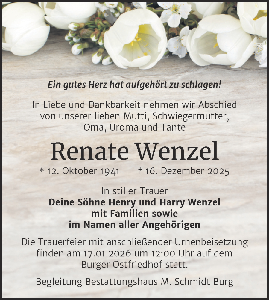  Traueranzeige für Renate Wenzel vom 27.12.2025 aus Volksstimme Burg/Genthin