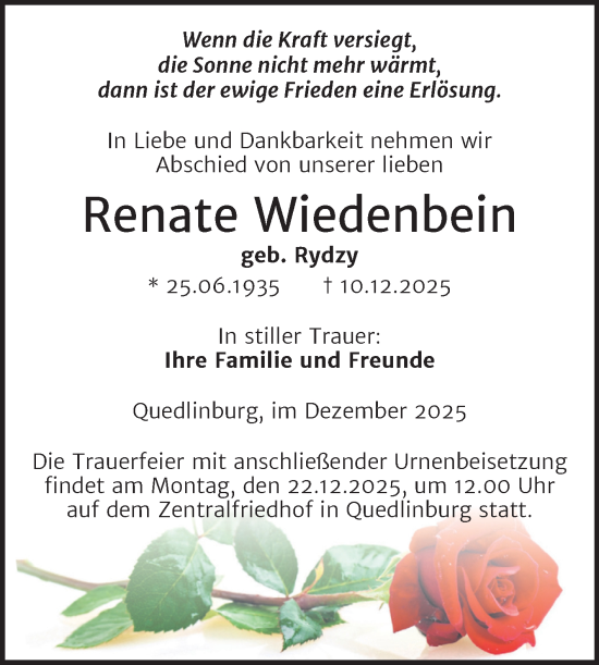 Traueranzeige von Renate Wiedenbein von Trauerkombi Quedlinburg