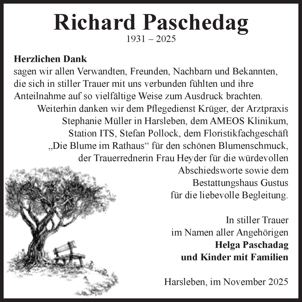  Traueranzeige für Richard Paschedag vom 06.12.2025 aus Volksstimme Halberstadt