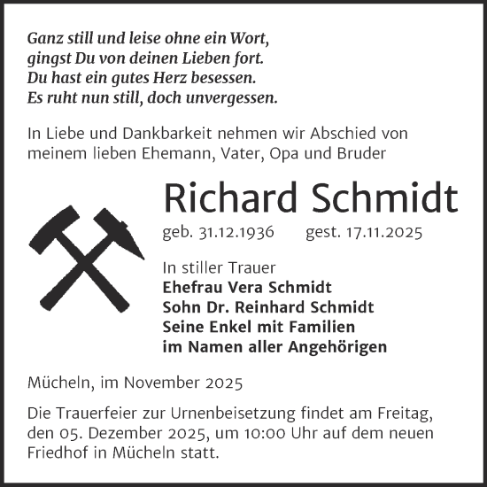 Traueranzeige von Richard Schmidt von Trauerkombi Merseburg