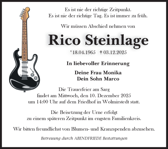 Traueranzeige von Rico Steinlage von Volksstimme Haldensleben/Wolmirstedt