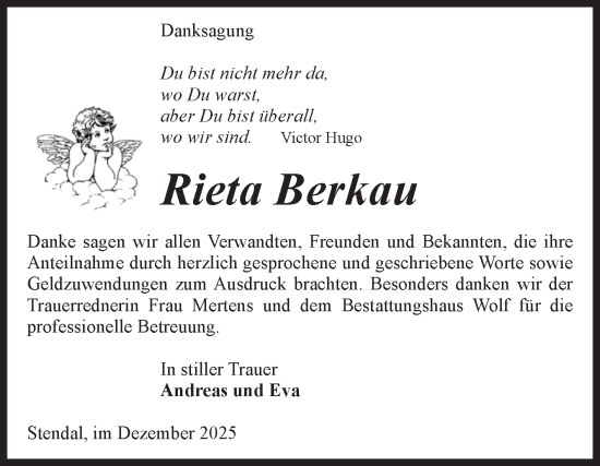 Traueranzeige von Rieta Berkau von Volksstimme Altmark Ost