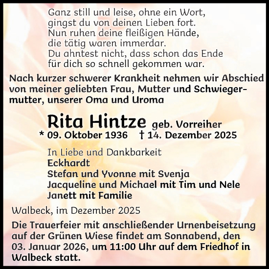 Traueranzeige von Rita Hintze von Volksstimme Haldensleben/Wolmirstedt
