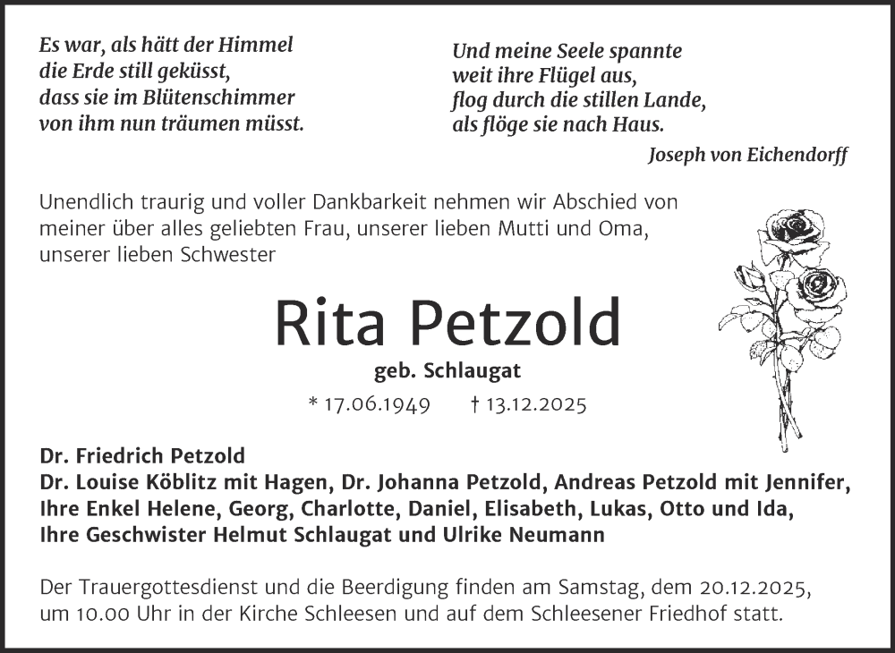  Traueranzeige für Rita Petzold vom 17.12.2025 aus Trauerkombi Wittenberg