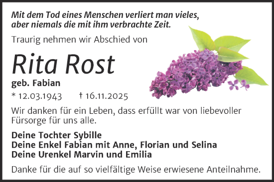 Traueranzeige von Rita Rost von Trauerkombi Dessau