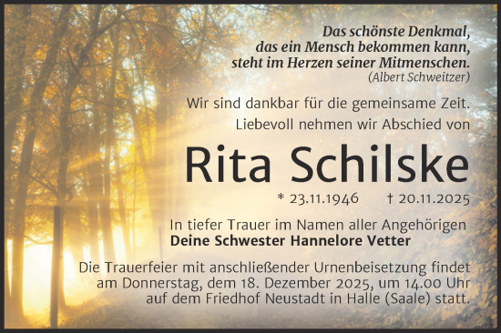 Traueranzeige von Rita Schilske von Mitteldeutsche Zeitung Halle/Saalkreis