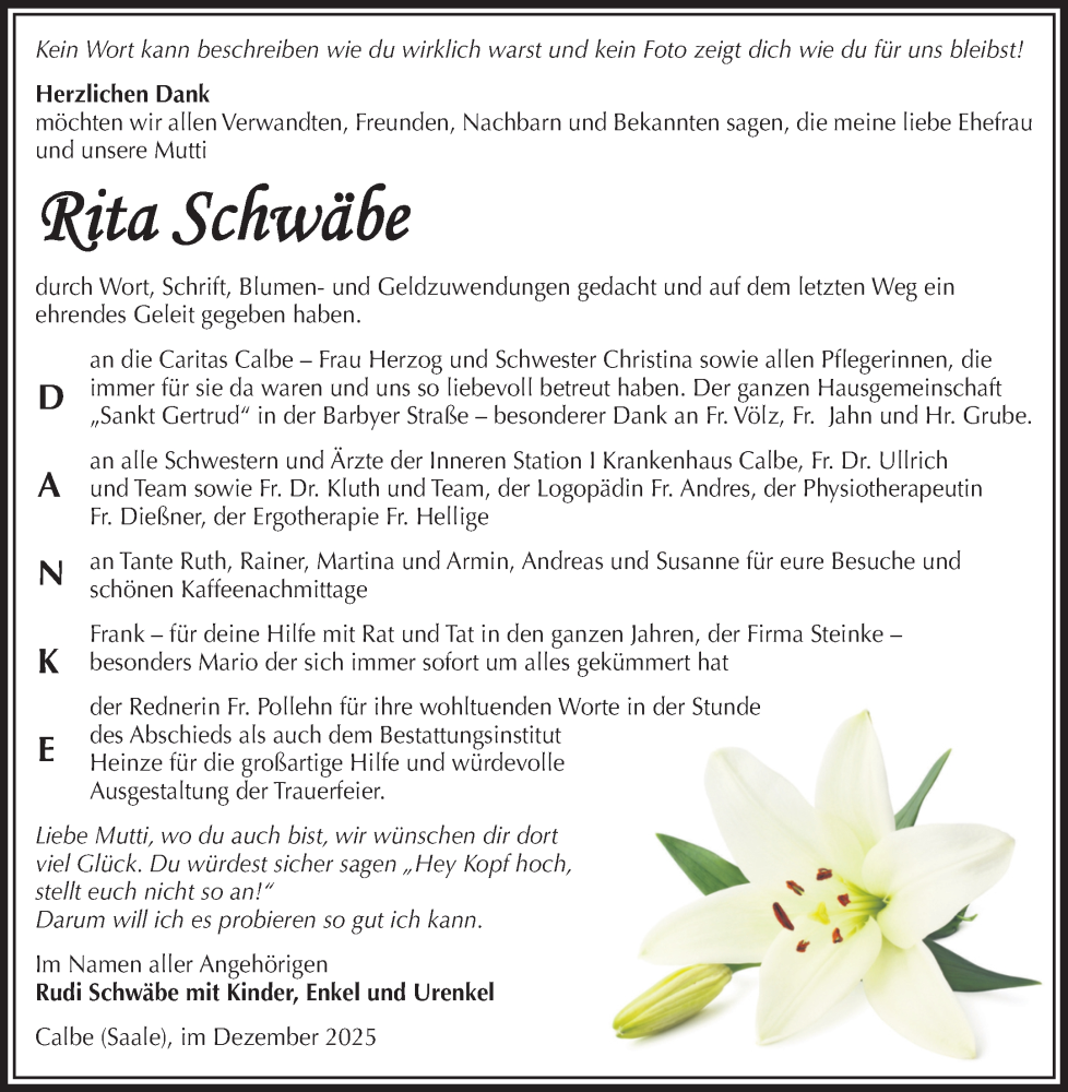  Traueranzeige für Rita Schwäbe vom 27.12.2025 aus Volksstimme Schönebeck