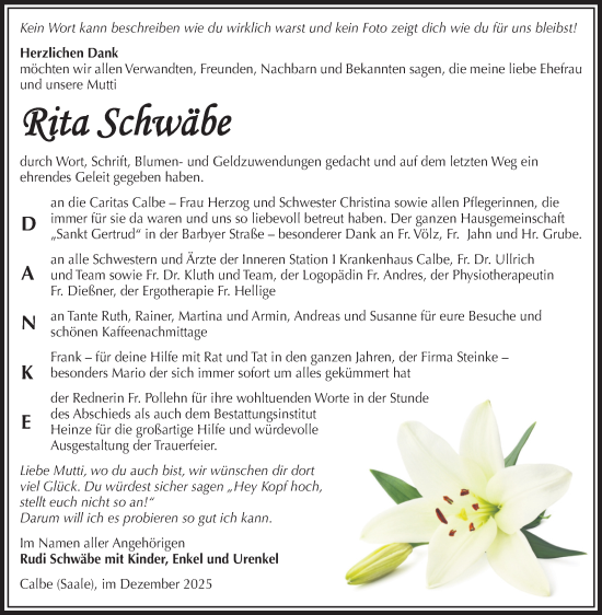 Traueranzeige von Rita Schwäbe von Volksstimme Schönebeck