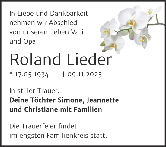Traueranzeige von Roland Lieder von Trauerkombi Wittenberg