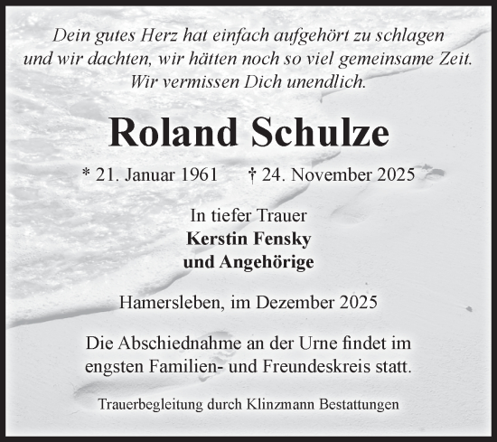 Traueranzeige von Roland Schulze von Volksstimme Oschersleben/Wanzleben