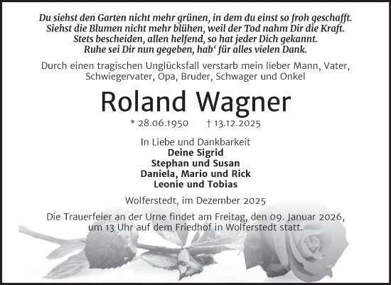 Traueranzeige von Roland Wagner von Trauerkombi Sangerhausen