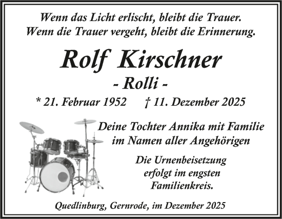 Traueranzeige von Rolf Kirschner von Trauerkombi Quedlinburg