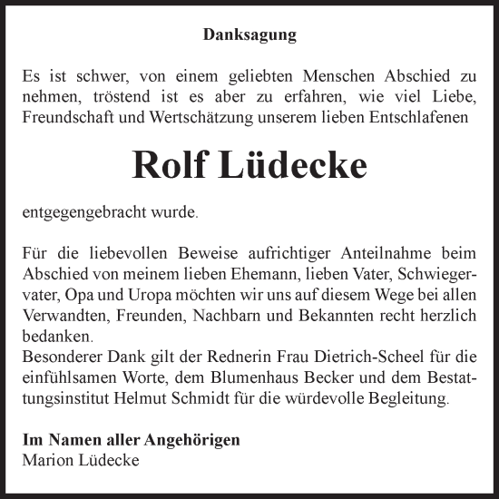 Traueranzeige von Rolf Lüdecke von Volksstimme Schönebeck