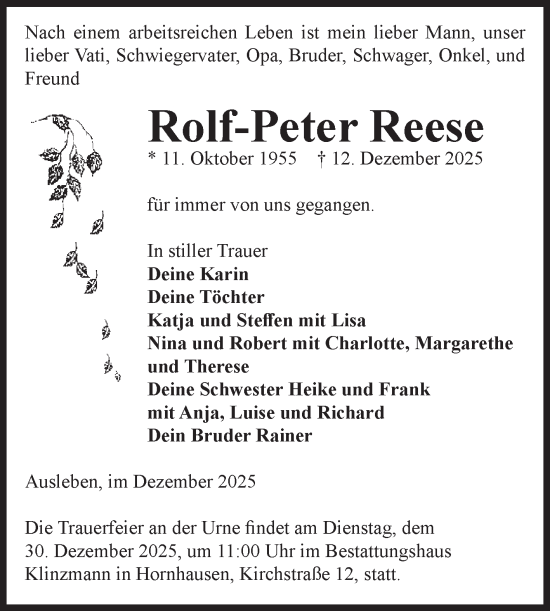 Traueranzeige von Rolf-Peter Reese von Volksstimme Oschersleben/Wanzleben
