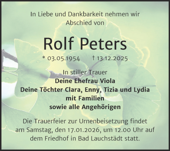 Traueranzeige von Rolf Peters von Trauerkombi Merseburg