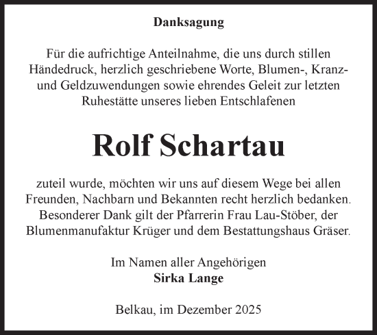 Traueranzeige von Rolf Schartau von Volksstimme Altmark Ost