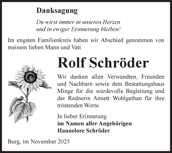 Traueranzeige von Rolf Schröder von Volksstimme Burg/Genthin