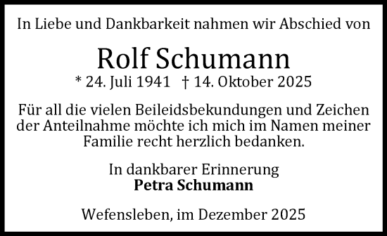 Traueranzeige von Rolf Schumann von Volksstimme Oschersleben/Wanzleben
