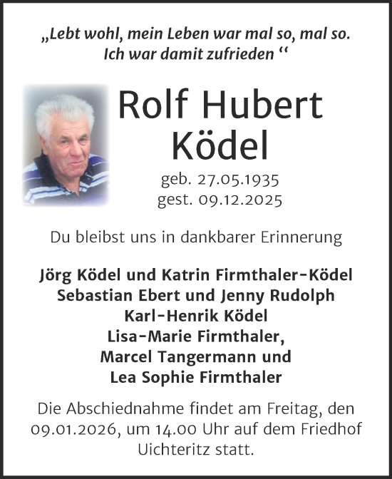 Traueranzeige von Rolf Hubert Ködel von Trauerkombi Weißenfels