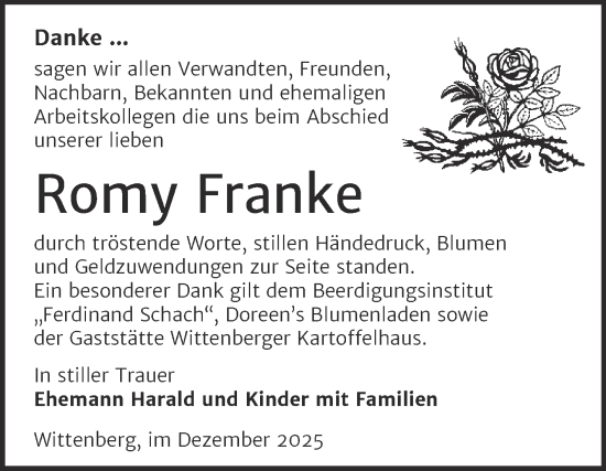 Traueranzeige von Romy Franke von Trauerkombi Wittenberg