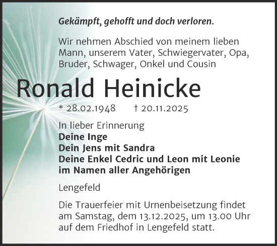 Traueranzeige von Ronald Heinicke von Super Sonntag Naumburg/Nebra
