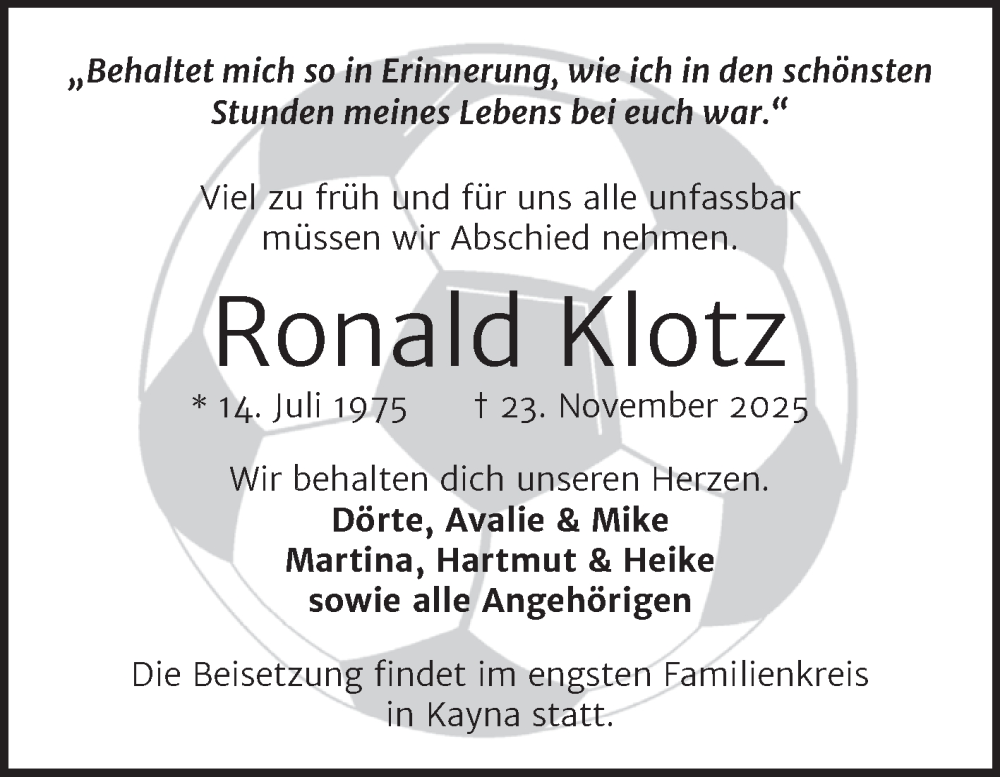  Traueranzeige für Ronald Klotz vom 06.12.2025 aus Trauerkombi Zeitz