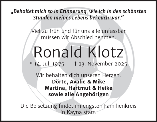 Traueranzeige von Ronald Klotz von Trauerkombi Zeitz