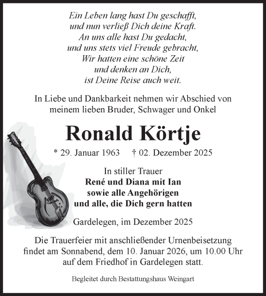 Traueranzeige von Ronald Körtje von Volksstimme Altmark West