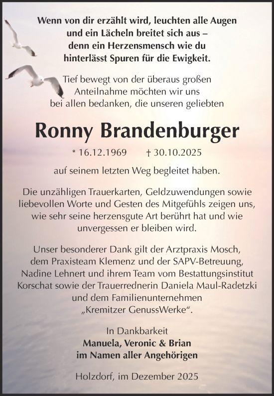 Traueranzeige von Ronny Brandenburger von Trauerkombi Wittenberg