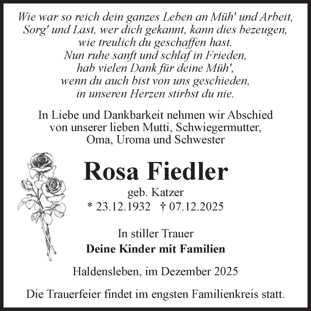  Traueranzeige für Rosa Fiedler vom 13.12.2025 aus Volksstimme Haldensleben/Wolmirstedt