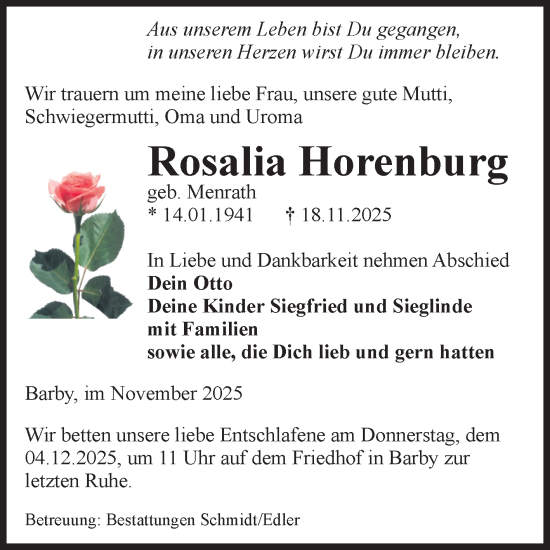 Traueranzeige von Rosalia Horenburg von Volksstimme Schönebeck