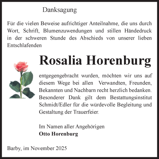 Traueranzeige von Rosalia Horenburg von Volksstimme Schönebeck