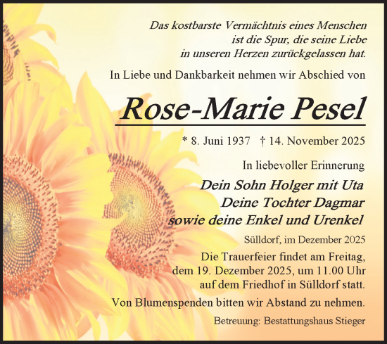 Traueranzeige von Rose-Marie Pesel von Volksstimme Oschersleben/Wanzleben