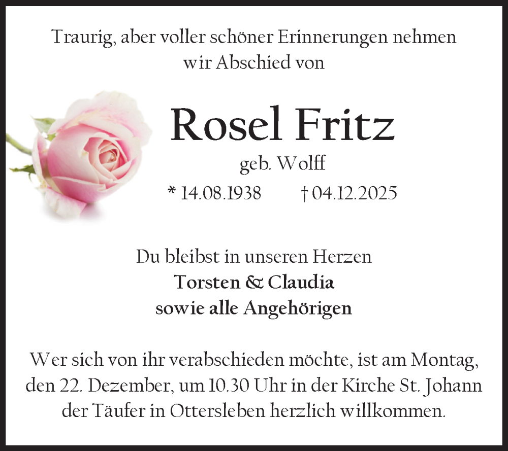  Traueranzeige für Rosel Fritz vom 13.12.2025 aus Volksstimme Magdeburg