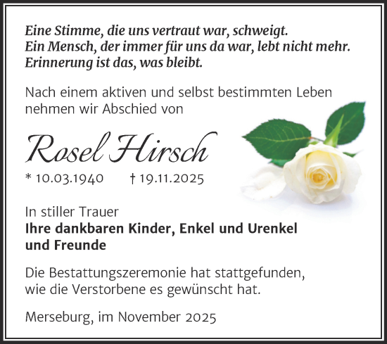 Traueranzeige von Rosel Hirsch von Trauerkombi Merseburg