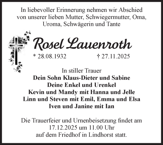 Traueranzeige von Rosel Lauenroth von Volksstimme Haldensleben/Wolmirstedt