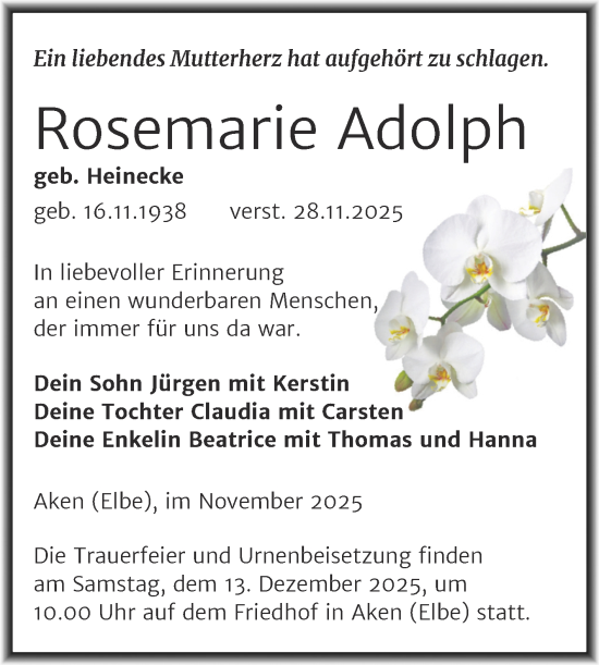 Traueranzeige von Rosemarie Adolph von Trauerkombi Köthen