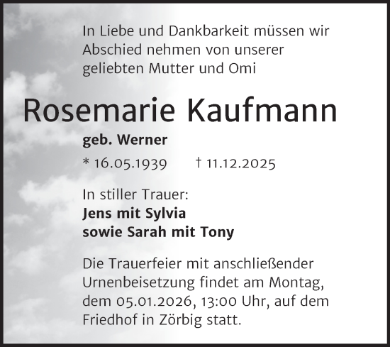 Traueranzeige von Rosemarie Kaufmann von Trauerkombi Bitterfeld